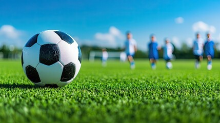 Obraz premium Soccer ball on green field with playing children