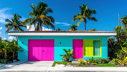 Colorful modern architecture in a tropical paradise, featuring a turquoise facade, magenta garage, and chartreuse window under a sunny blue sky with palm trees