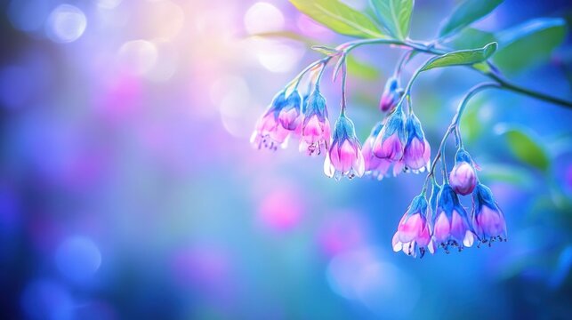 Delicate pink and blue flowers on dreamy pastel background