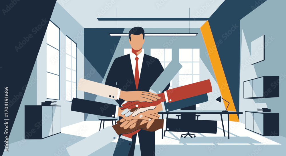 Poster business team putting hands together in a huddle, symbolizing unity and teamwork in a modern office 