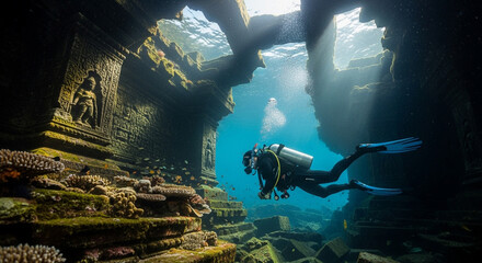 Sunlit Underwater Ruins: Diver Exploring Ancient Underwater Temple