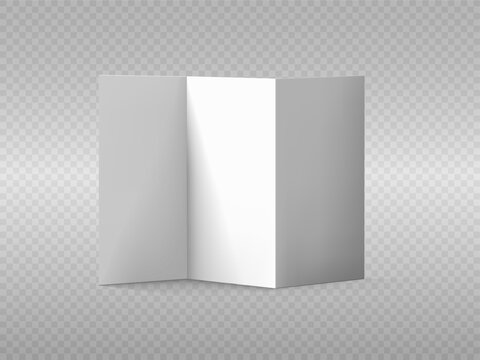 Tri Fold Brochure Mockup. Vector white blank vertical four panel accordion fold opened on white background. Concertina fold, leaflet, brochure, booklet, flyer or invitation card