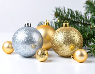 Christmas ornaments, gold and silver, on white