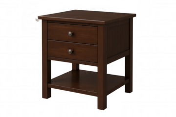Dark brown nightstand with two drawers and lower shelf, enhancing bedroom decor with sleek, minimalist wooden design