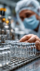 Laboratory technician preparing vaccine vials in a sterile environment during a busy production day