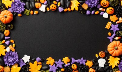 Halloween candy border on black background, featuring pumpkins, ghosts, and autumn leaves.