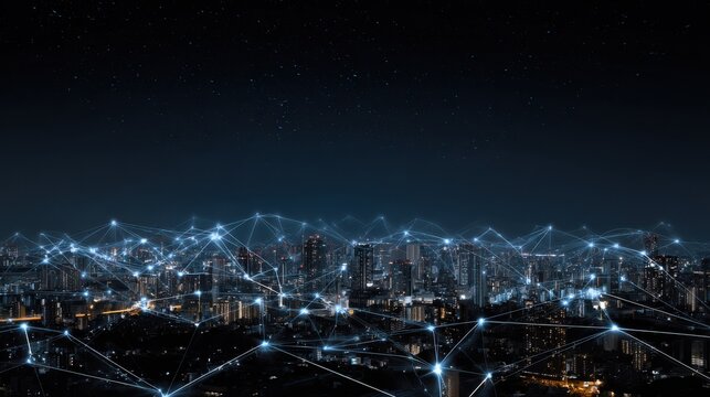 Night cityscape with glowing network connections - Powered by Adobe