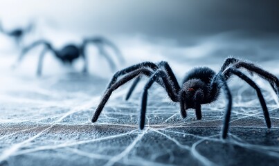 Three black spiders crawl across a glistening spiderweb, detail of legs and bodies.