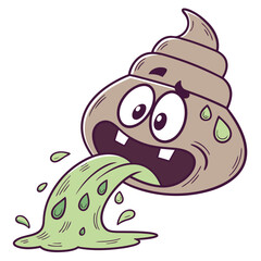 A cartoon brown poop emoji character with wide eyes a gaping mouth and two square teeth is throwing up green liquid with droplets against a white background