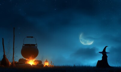 Silhouette of a witch by a campfire under a crescent moon, brewing a potion in a cauldron at night.