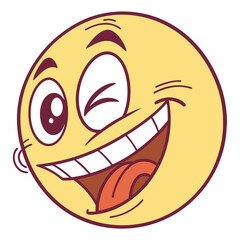 A cartoon yellow smiley face with a wide open mouth and a big smile winks one eye conveying extreme joy and amusement with its expressive features and playful design