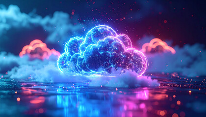 Obraz premium Digital Cloudscape: Illuminated glowing cloud forms gracefully hover, their vibrant colors reflecting off a smooth, abstract surface below.