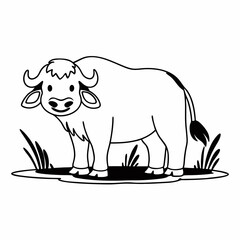 A charming black and white cartoon illustration of a friendly water buffalo standing in grassy terrain perfect for children s books and educational content
