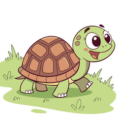 A charming cartoon illustration of a happy smiling green turtle with a brown patterned shell walking on lush green grass with a white background