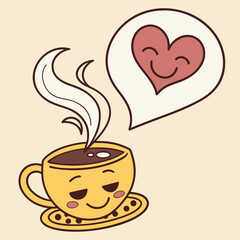 A charming cartoon illustration of a yellow coffee cup with a happy face and steaming hot beverage thinking of a heart symbol representing love for coffee and morning routines
