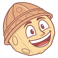 A cheerful cartoon character with a round textured head wearing a brown helmet with circular accents and a wide happy smile and expressive eyes