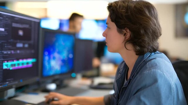 Motion graphics artist animating corporate branding elements using timeline based software with keyframe animations and effects parameters visible on multiple cinema displays in