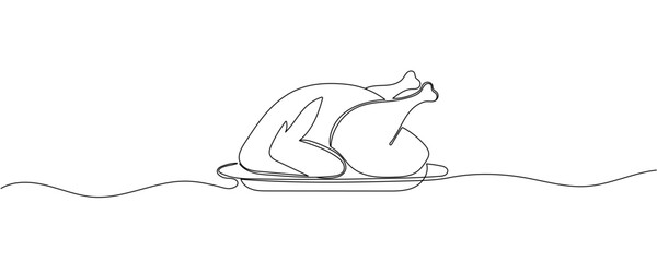 Roasted chicken or turkey in one continuous line drawing. Thanksgiving dinner in simple linear style. Fall harvest in editable stroke. Doodle outline vector illustration Editable stroke