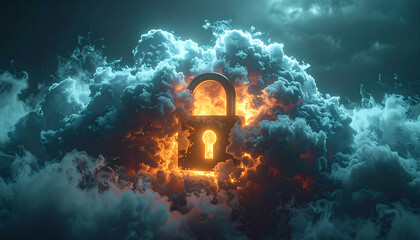 Digital Fortress: A visual depiction of cloud security, where a radiant padlock, symbolizing protection, is enveloped by ethereal clouds. Fire emanates, symbolizing resilience and strength.