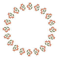 Round frame of cartoon twigs with berries. Hand drawn. Vector illustration