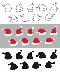Set of Santa Claus hats. Christmas design. Hat outlines and shadows. Isolated white background. Vector flat illustration.