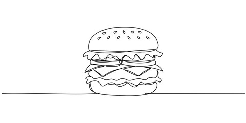 One continuous line illustration of a hamburger, isolated on white background. Line art of hamburger Editable stroke