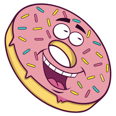 A cheerful cartoon donut with pink frosting and colorful sprinkles featuring a wide open mouth big eyes and a happy expression perfect for food related designs and children s content