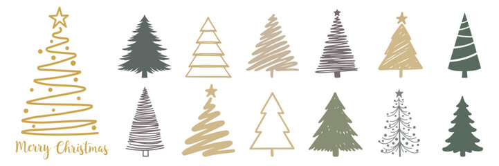 Set of christmas tree line art. Abstract linear christmas tree. Hand drawn christmas trees doodle. Minimalist and elegant christmas ornament. Vector illustration