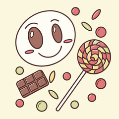 A cheerful cartoon face surrounded by colorful candies a chocolate bar and a swirled lollipop on a pale yellow background evoking a sense of fun and sweetness