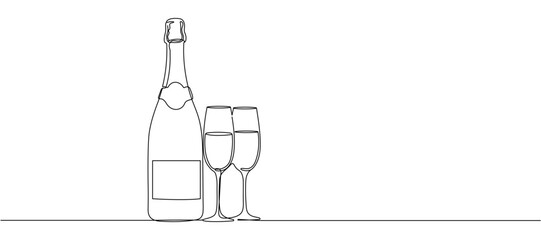 Continuous One line drawing of champagne and glasses. Editable stroke