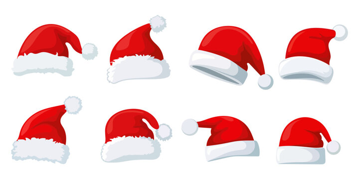 Collection of red santa claus hats. Vector.