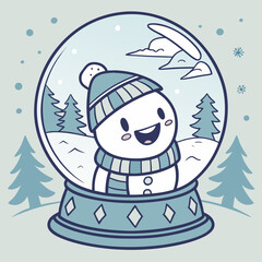 A cheerful cartoon snowman wearing a striped hat and scarf smiles happily inside a snow globe with a winter forest landscape and falling snowflakes