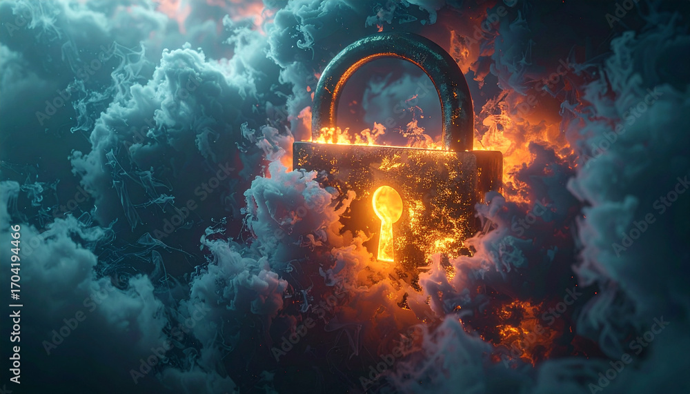 Poster Digital Security Fortress: An illuminating image of a glowing lock, seemingly engulfed by ethereal clouds, symbolizes digital security and the protection of sensitive data.