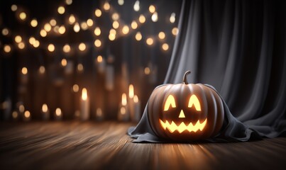Illuminated jack-o'-lantern rests on wooden floor, candles and fairy lights blur in background.