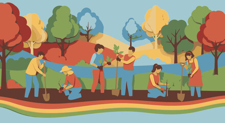 A diverse community of volunteers planting trees together in a colorful, stylized landscape to help the environment.