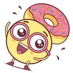 A cheerful cartoon yellow smiley face character wearing oversized pink glasses and a pink frosted donut with colorful sprinkles on its head looking excited and happy