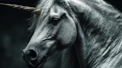 Majestic unicorn portrait captured in monochrome showcasing its elegant features and the enchanting aura of mythical creatures