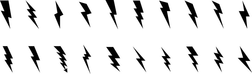 Lightning Icon Symbol. Thunderbolt shock icon collection. Yellow lightning burst, shouting. Energetic electric flashes for  power, speed, danger or action effects. Isolated vector icons set.