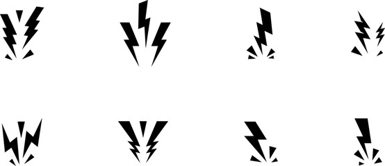 Lightning Icon Symbol. Thunderbolt shock icon collection. Yellow lightning burst, shouting. Energetic electric flashes for  power, speed, danger or action effects. Isolated vector icons set.
