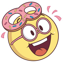 A cheerful yellow emoji character wearing pink glasses and a pink donut shaped mask on its head conveying excitement and joy with a wide open mouth and sparkling eyes
