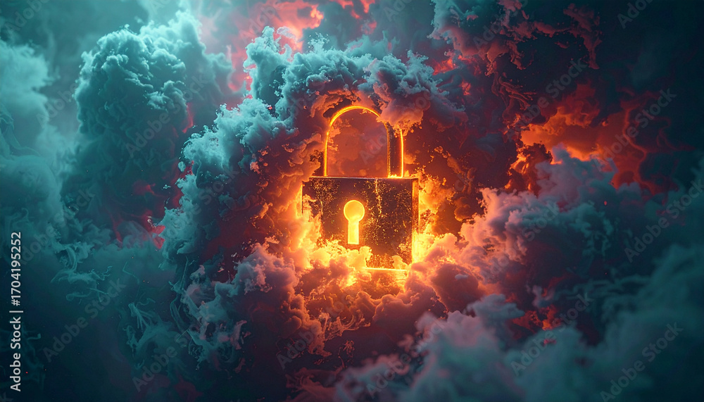 Poster secured data: a conceptual image of a glowing padlock engulfed by a tempest of ominous clouds, symbo