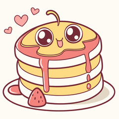 A cute and happy stack of pancakes with pink syrup and a strawberry slice on a plate surrounded by floating pink hearts perfect for breakfast or dessert themes
