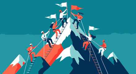 A team of diverse professionals collaborates to climb a mountain, symbolizing teamwork and achieving goals.