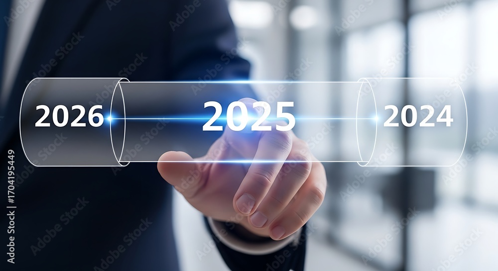 Aufkleber a person in a suit pointing at a digital display showing the years from 2024 to 2026 in sequence