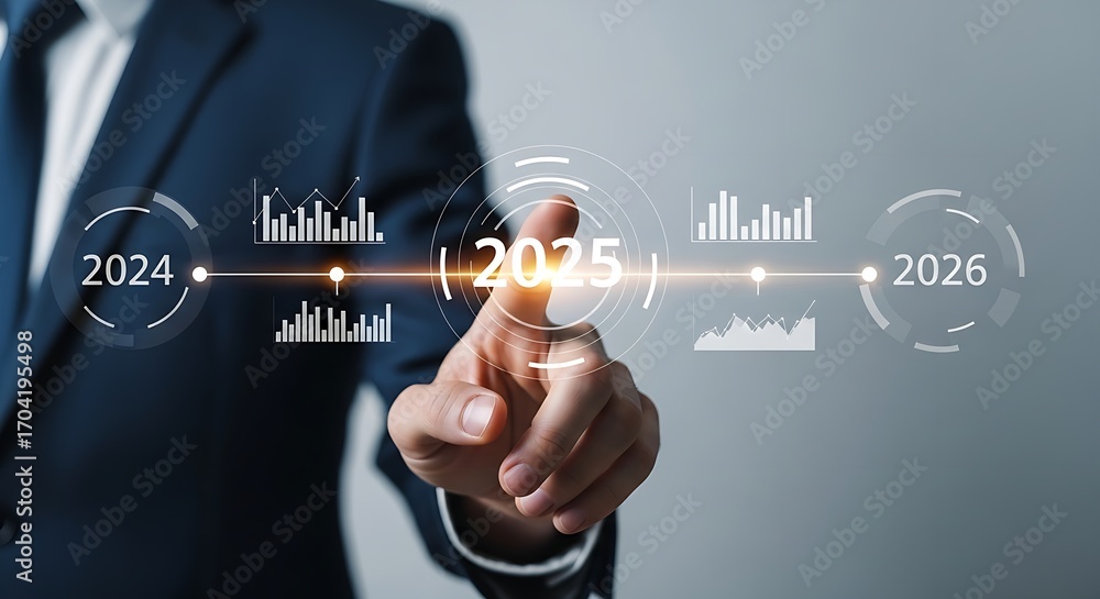 Poster man touching holographic interface with timeline and data charts in a business setting concept