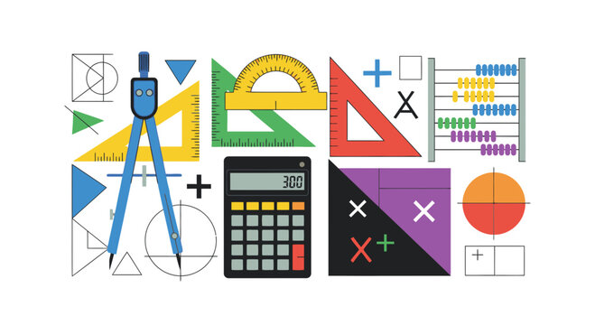 An assortment of colorful math and geometry tools including a calculator, compass, and protractor.