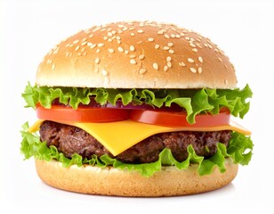 Juicy Beef Burger with Cheese, Lettuce and Tomato Isolated on White Background for Food Object, Fast Meal and Snack Concept