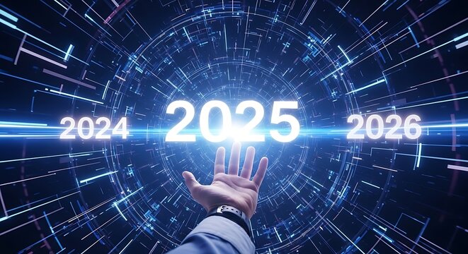 Hand reaching for the year twenty twenty five amidst a digital futuristic network background - Powered by Adobe