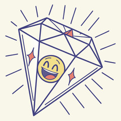 A happy smiling emoji face is depicted inside a large sparkling diamond gemstone radiating light and joy with a simple flat design style and a light cream background