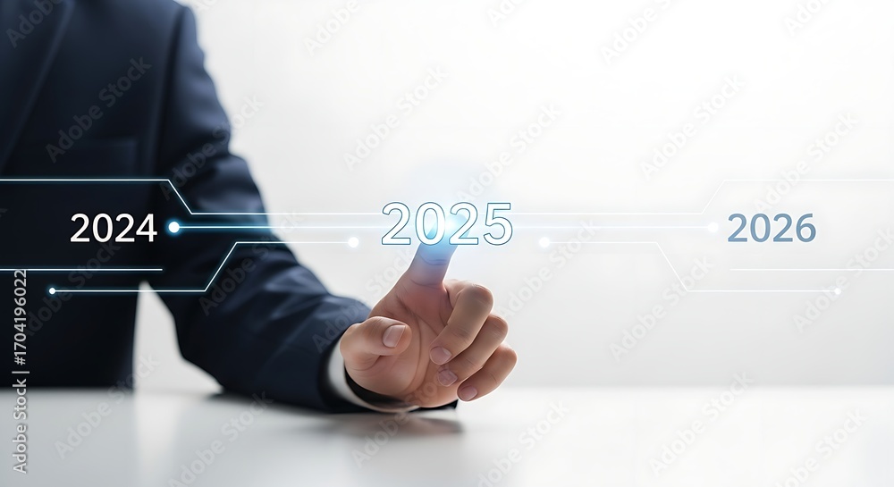 Aufkleber a person in a suit pointing at the year two thousand twenty five on a digital interface display